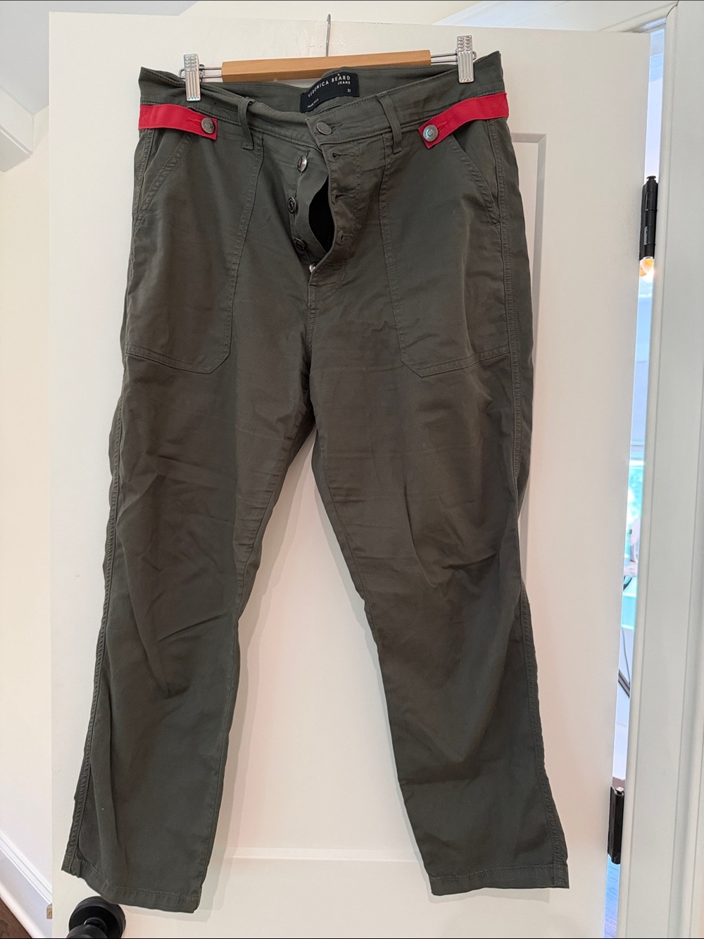Veronica Beard Olive Green Chinos with Red Waist Accent